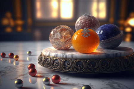 Christmas decorations in the form of balls and sugar marmalade on a marble backdrop. superb photographの素材