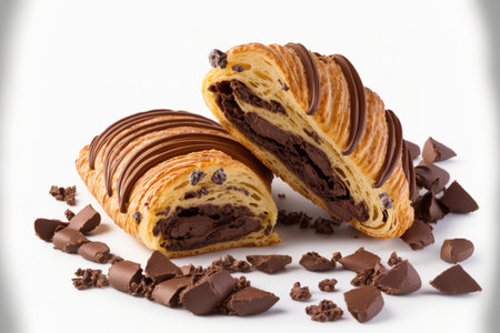 Chocolate croissant in slices, isolated on a white backdropの素材