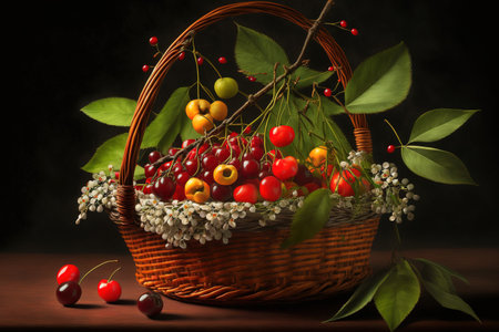 Cherry fruit in a fruit basket with a cherry branchの素材