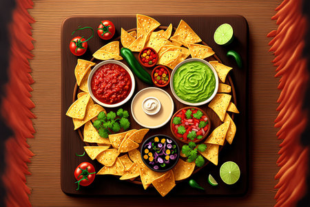 Chips and dipping sauces for Mexican nachos. Nachos with corn tortillas, tomatoes, salsa, and guacamole. a top viewの素材