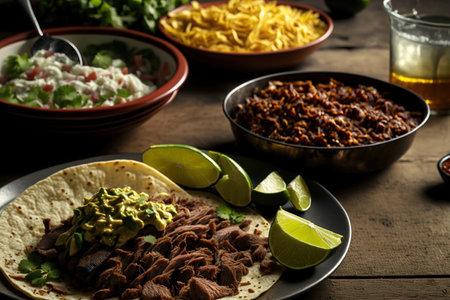 Carne asada, carnitas, and barbacoa real Mexican meat tacos for a partyの素材