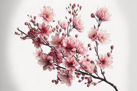 Cherry blossoms in bloom in pink against a white backgroundの素材