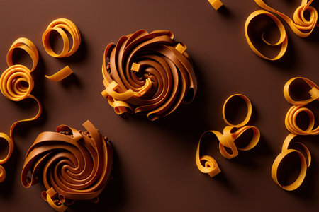 Chocolate curls in a flat lay composition on a colored backgroundの素材