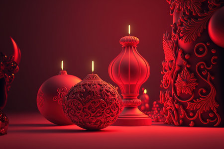 Christmas decorations on a vibrant red background with a place for your text messages to wish you a happy new year..の素材