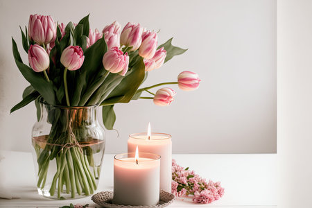 bouquet of pink spring flowers and burning candles on white tableの素材
