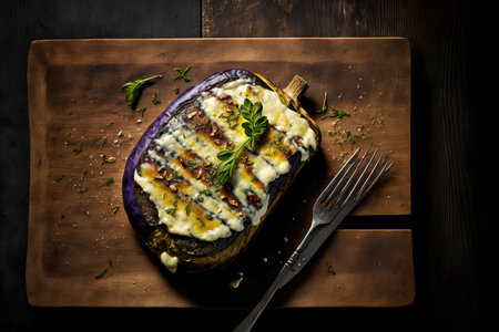 Cheese topped baked eggplant on a dark wood table. Italian melanzane cheese. looking up. Italian food. the space barの素材
