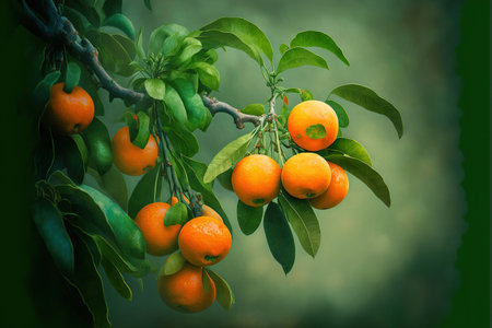 branch in the garden holding tangerines on a green backgroundの素材