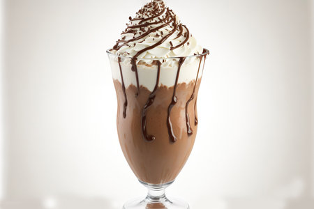 Chocolate milkshake in a glass with whipped cream, isolated on whiteの素材