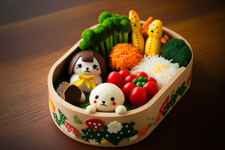 Character bento, also known as kyaraben or charaben, is a type of lavishly organized bento that includes food that has been adorned to resemble humans, animals, and plantsの素材