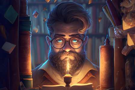 bookworm idea. Man studying at a library while wearing a stern expression, with bookshelves in the background. With a beard, a pupil or teacher sits at a table wearing glasses and an hourglassの素材