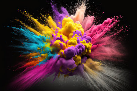 bomb in yellow, pink, and purple. Colorful, flowing, and vibrant powder explosion over a black studio background with copyspace. contemporary, in style colors. Festival, fashion, and beauty ideas a raの素材