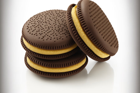 Chocolate filled sandwich cookies isolated on a white background. Sandwich cookie assortmentの素材