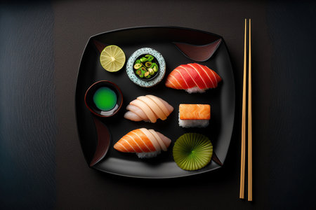 Chopsticks, wasabi, soy sauce, and sushi nigiri on a black dish with a wooden backdropの素材