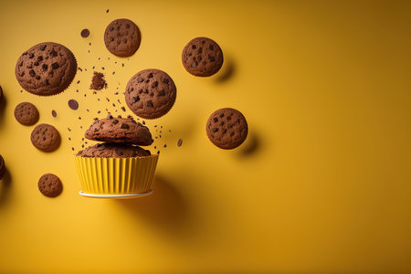 Chocolate cookies or cupcakes in the air against a yellow background. a mockup Background notionの素材