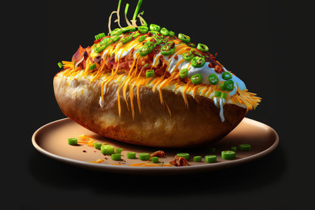 Cheddar cheese, bacon, and green onions are sprinkled on top of a hot baked potatoの素材