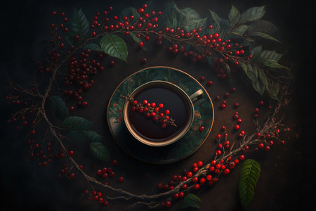 Christmas coffee with red balls and nobilis branches nice new year greeting card christmas flat lay view from aboveの素材