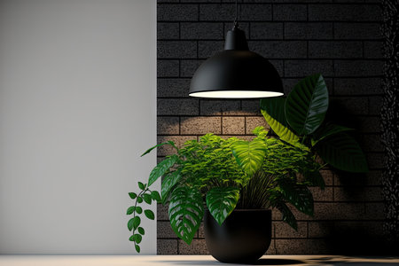 bricks wall with black ceiling lamp and pot with plant. Place for text, copy space, Front view,の素材