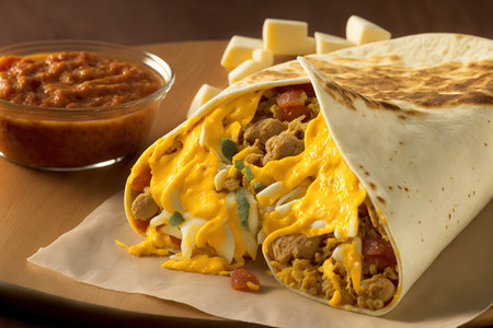 breakfast tortilla with cheese, sausage, and eggs. a straightforward, excellent breakfast burrito. A quick and inexpensive breakfast with cage free eggsの素材