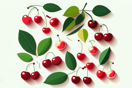 Cherry trees with leaves falling. Cherries stand alone. White with cherry. tart cherryの素材