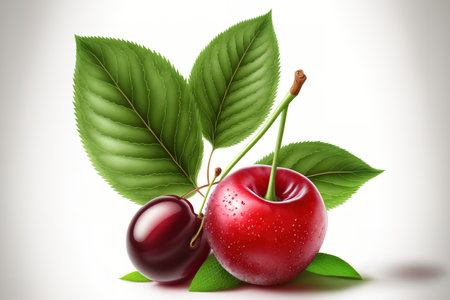 Cherry alone. foliage and cherries on a white background. Sweet cherri on white with two. Plum leaf. whole field of viewの素材