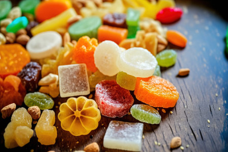 Candied fruits with sweet colors are very similar. poured numerous colourful candiesの素材