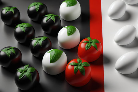 Cherry tomatoes, basil leaves, and little mozzarella cheese are the components of a caprese salad. the color black looking up. the space barの素材