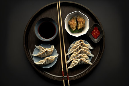 Chopsticks, soy sauce, and fried gyoza dumplings are selectively focusedの素材