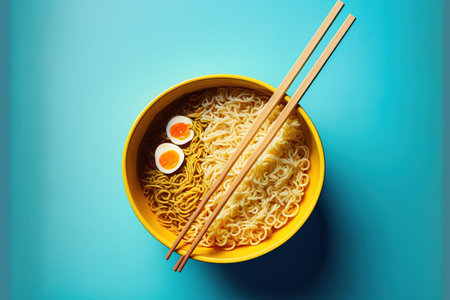 Chopsticks and an instant noodle bowl on a blue and yellow backgroundの素材