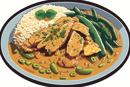 Chicken curry with green beans and riceの素材