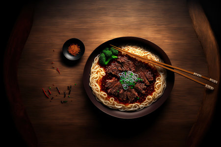 Chopsticks are used with a bowl of spicy Korean beef ramen on a wooden backgroundの素材