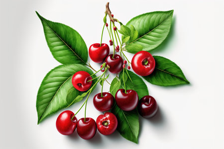 Cherry on a white backdrop, isolated. Cherries up close with leaves and stemsの素材