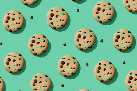 Chocolate chip cookie pattern in style on a minty green background. diagonal copy space, simple conceptの素材