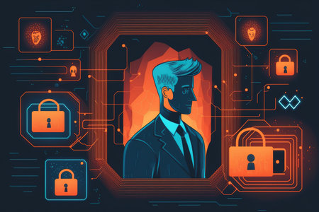 businessman finger scan identification access data protection cyber security privacy. padlock icon on network protection with firewall. secure access for online privacy and personal data protectionの素材