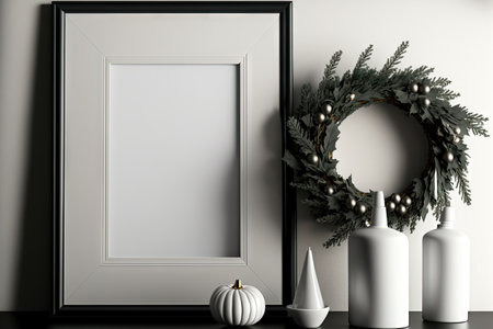 Christmas interior decor. Floral composition in stylish vase, Christmas toys in ceramic plate, blank photo frame, glasses on white dresser. Christmas wreath on the wallの素材
