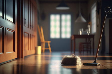 blurry background of a house inside. An example of a mop being used to clean a filthy hardwood floor in a living areaの素材