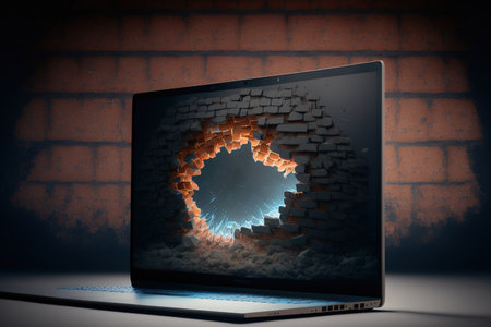 broken brick wall on modern laptop screenの素材