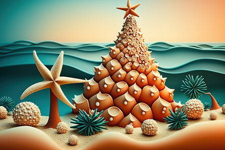 Christmas tree made of seashells, starfish as an alternative decoration, and a seaside setting for the new yearの素材