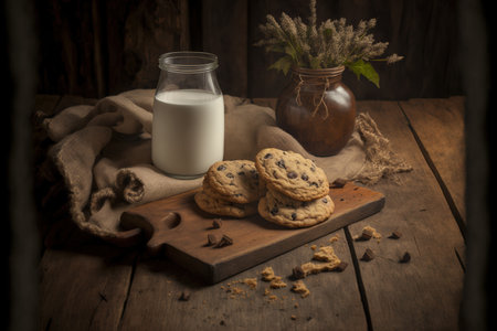 Chocolate chip cookies and milk are placed on a rustic wooden table with burlapの素材