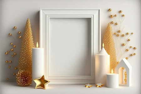 Christmas composition with a white chimney, a gold mock up poster frame, and decorations. Candles, stars, illumination, and exquisite accents are used with Christmas trees and wreaths. Templateの素材