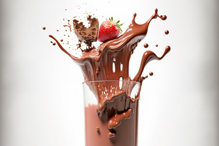 Chocolate and strawberry milk gushing out of a glass on a white backgroundの素材