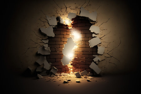 broken brick wall with lightsの素材