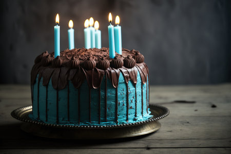 candles on a chocolate birthday cakeの素材
