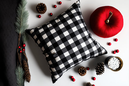 Christmas decorations are displayed on a white background behind a blank red and black buffalo check pillowの素材