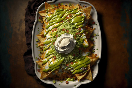 Cheese, guacamole, and sour cream topped nachosの素材