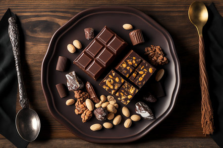 Chocolate bars on a plate with nuts, caramel, and nougat on a wooden table, top viewの素材