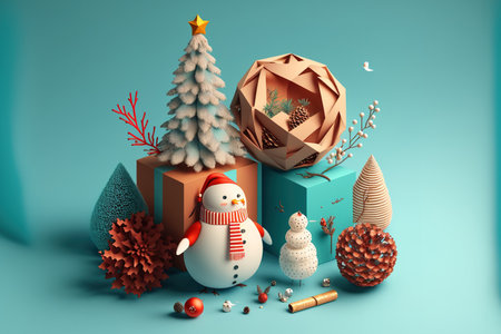 Christmas decorations with a snowman, red present box, fir tree, pine cone, acorn, snowflake, and Christmas ball on a blue paper background. flat design and copy space layoutの素材
