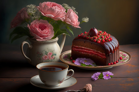 cake and flowers with a cup of teaの素材