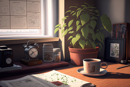 books, coffee, a calendar on the desk, and some potted plantsの素材