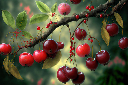 Cherries are strung from a limb of a cherry treeの素材