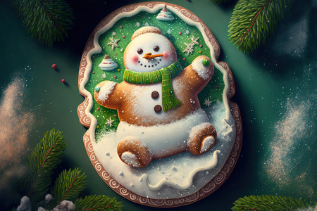 Christmas gingerbread with a snowman form and a green background, top viewの素材